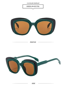 Detail view of square green hollow mesh and black frame sunglasses with tea lenses