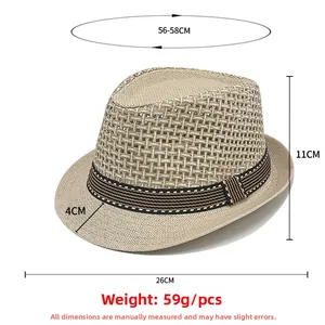 Detail showing handwoven straw texture and striped decorative band on the fedora hat