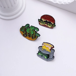 Cartoon money enamel pins set featuring a hamburger, donut, and toaster with dollars
