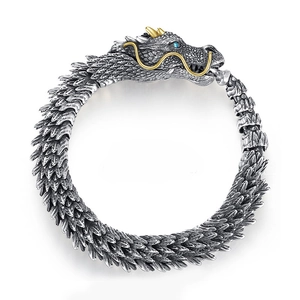 Dragon Head Bracelet Vintage Copper Antique Silver Finish Keel Bangle Blue Rhinestone Eyes Punk Gothic Jewelry Men Unisex