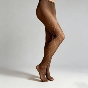 Detail shot of sheer brown tights featuring a delicate geometric diamond knit pattern