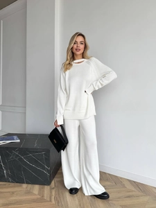 Women Knit Sweater And Pants Outfit Cotton Blend Cut Out Neckline Long Sleeve High Waisted Straight Leg Trousers
