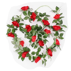 Artificial red rose vine garland with green leaves for wedding and home decoration
