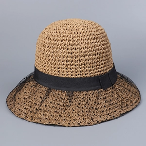 Women Straw Sun Hat Paper Mesh Polka Dot Foldable Beach French Elegant Bow Ribbon Wide Brim Summer