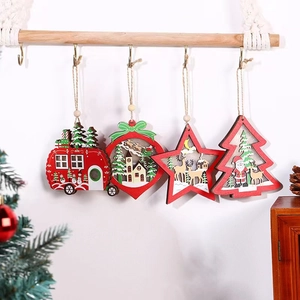 LED wooden Christmas ornaments set with car star and tree shapes for holiday decor