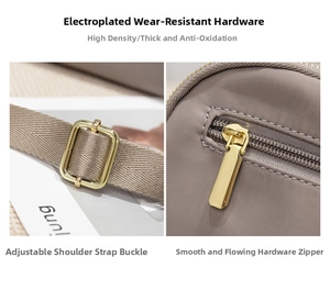 Macro view of durable hardware details with smooth metal zipper and adjustable buckle