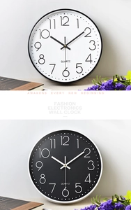Detail of round quartz wall clocks in black and white with 3D numeric scale and lavender