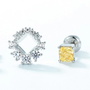 Asymmetric S925 silver earrings with square yellow carbon diamond and zircon stones