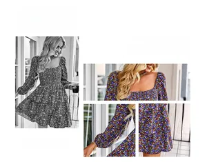 Détails d'une robe fleurie avec col carré et buste froncé en tissu à volants chic