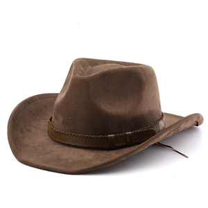 Close-up of brown western cowboy hat featuring a braided faux leather band and top stitching