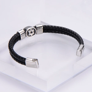 Double-layer black braided leather bracelet with stainless steel Star of David magnetic clasp
