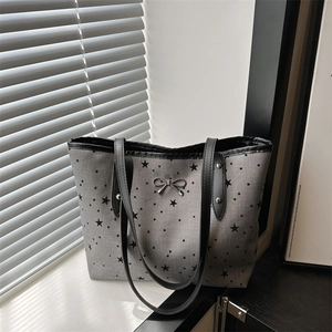Mode Damen Tote Bag Große Kapazität Stoff Punkte Herz Stern Muster Metall Schleife Dekor Schulter Umhängetasche