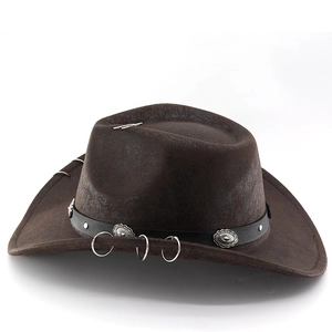 Detailed side view of brown faux suede cowboy hat with silver rings and concho belt