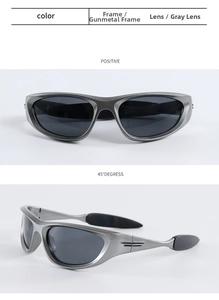 Detail view of Y2K gunmetal sports sunglasses with gray protective lenses and streamlined frame