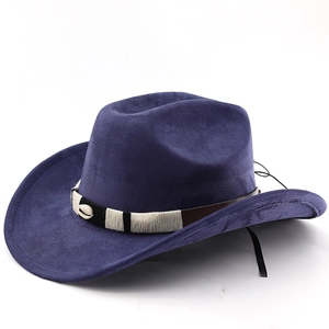 Close-up of navy blue suede cowboy hat featuring a shell and woven ethnic band detail