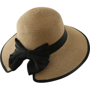 French wide brim straw sun hat with black silk ribbon bow and elegant trim