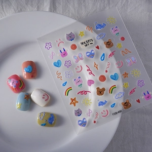 Stickers ongles 5D en relief avec oursons colorés mignons et motifs arc-en-ciel