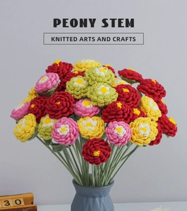 Detail of colorful knitted peony stems showing intricate hand-stitched yarn textures