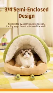 Detail of avocado-shaped plush cat bed with thick warm cushion and semi-enclosed design