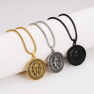 Viking coin pendant necklaces in gold, silver and black stainless steel with box chains