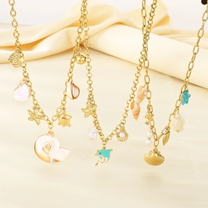 Stainless Steel Ocean Necklace Shell Starfish Dolphin Turtle Fish Pendants Artificial Pearl Summer Beach Vacation Jewelry Women