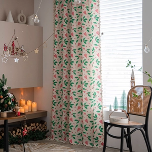 Beige Christmas curtain with holly leaf print and tassels for cozy holiday room decor