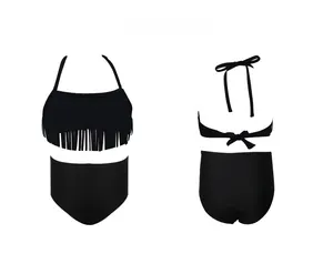 Detail of girls' black fringe halter bikini set with high-waisted bottoms