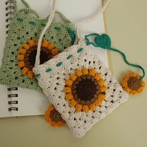 Handmade crochet sunflower crossbody bags in light green and cream white wool textures