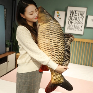Macro view of realistic large carp plush toy showing 3D printed scales and soft texture
