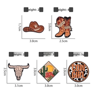 Detailed views of western cowboy enamel pins with sizes and weights on white background