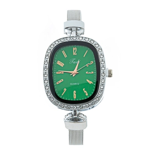 Elegant women quartz watch with oval green dial and silver stainless steel mesh strap