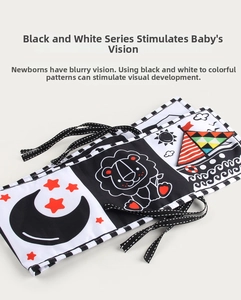Detail of high-contrast black and white baby cloth book with moon and lion patterns