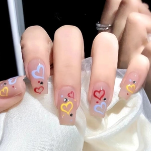 Press On Nails Rhinestone Heart Pattern Nude Pink Transparent Long Coffin False Nails Sweet Cute Manicure For Women