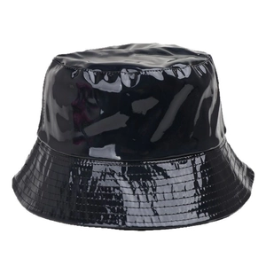 Glossy black PU leather bucket hat with metallic laser finish and reflective surface