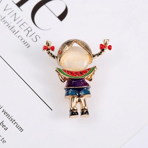 Japanese style cartoon girl brooch in gold alloy with beige cat eye stone and enamel