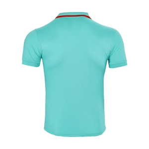 Detail view of the back of a light mint green quick-dry polo shirt with red collar trim