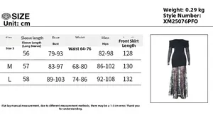 Size chart for lace off-shoulder dress showing bust, waist, and hips in centimeters