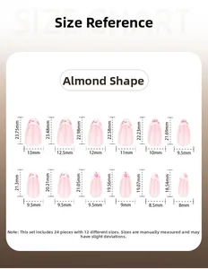 Size chart for almond-shaped press-on nails showing dimensions for 24 pieces in 12 sizes
