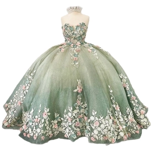 Grey-green gradient sweetheart ball gown with 3D floral lace and glittery tulle fabric