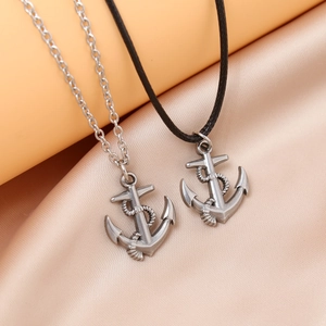 Nautical Anchor Pendant Necklace Stainless Steel Cross Chain And Black Wax Rope Vintage Minimalist Jewelry For Men