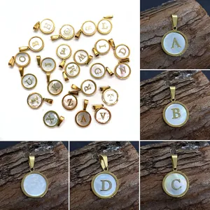 Natural Sea Shell Mother Of Artificial Pearl Round Alphabet Initial Pendant Gold Plated Copper For DIY Jewelry Making Necklace