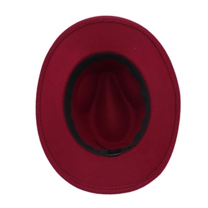 Detail view of the burgundy fedora interior featuring black sweatband and wool texture