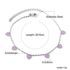 Detailed specs of stainless steel heart anklet with 20+5cm length and anti-allergic info