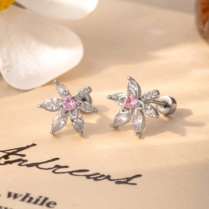 Elegant silver flower leaf stud earrings with pink heart zircon and screw back closure