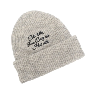 Light grey knitted beanie with stylish black embroidery and ribbed texture for winter