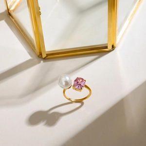 18K gold stainless steel open ring with white pearl and pink oval zircon gemstone