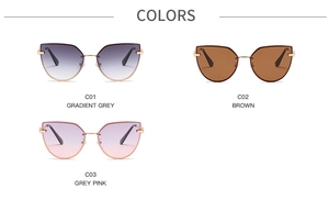 Detailed color options for cat eye sunglasses in gradient grey, brown, and grey pink