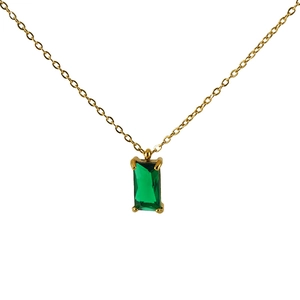 Detailed close-up of 18K gold-plated chain with a rectangular green zircon pendant