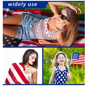 Collage of US flag print headbands worn by women and child for versatile outdoor use