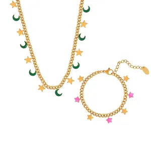 French Romantic Star Moon Jewelry Necklace And Bracelet Titanium Steel Gold Plated Enamel Charms For Women Retro Style